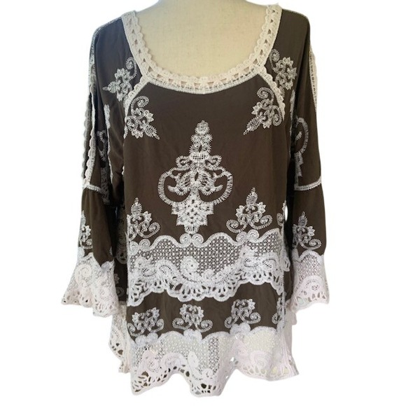 Democracy Tops - Democracy Embroidered Lace Boho Tunic Top L Romantic Festival Coastal Cowgirl